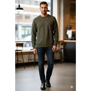 Fiji Mens Sweater Large Olive green Plaid Made In Italy Relaxed soft Size L